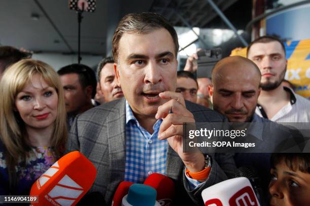 Former Georgian president Mikheil Saakashvili is seen speaking after arriving at the International Airport Boryspil not so far from Kiev. New...