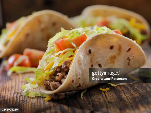 small 4inch soft beef tacos - tortilla stock pictures, royalty-free photos & images