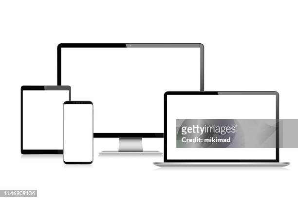realistische vektor digital tablet, handy, smartphone, laptop und computer-monitor. moderne digitale geräte - device screen stock-grafiken, -clipart, -cartoons und -symbole