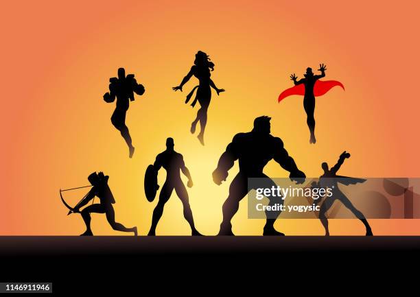 vector superhero team silhouette in action - superman silhouette stock illustrations
