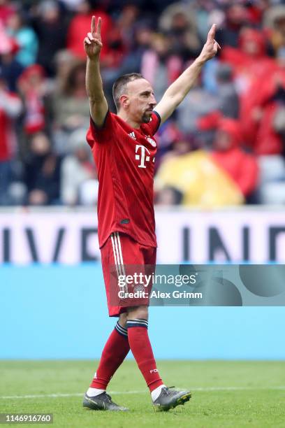 Franck Ribery of Bayern Munich celebrates after scoring his team's third goal during the Bundesliga match between FC Bayern Muenchen and Hannover 96...