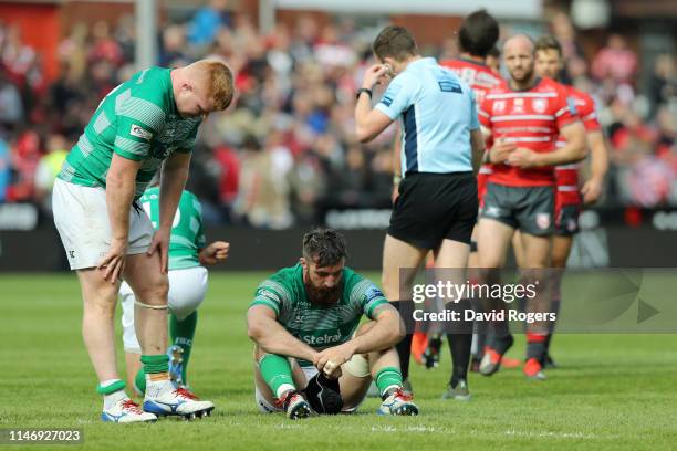 Trevor Davison and Gary Graham of Newcastle Falcons look dejected as their team are relegated following the result in the Gallagher Premiership Rugby...