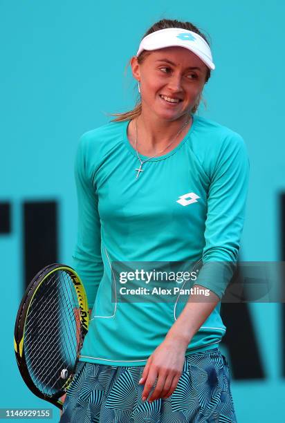 Aliaksandra Sasnovich of Bulgaria reacts during her match against Anett Kontaveit of Estonia during day one of the Mutua Madrid Open at La Caja...