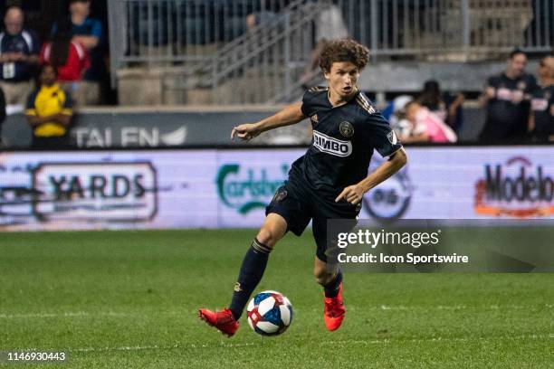 Philadelphia Union Midfielder Brenden Aaronson dribbles the ball during the second half of the MLS match between the Colorado Rapids and the...