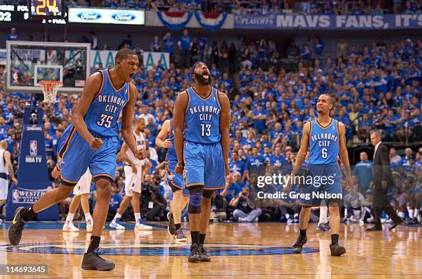 Playoffs: Oklahoma City Thunder Kevin Durant , James Harden and Eric Maynor victorious during game vs Dallas Mavericks at American Airlines Center....