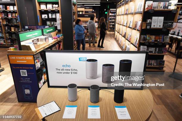 Amazon Echo devices are seen displayed at the new Amazon Books store in Georgetown during a soft opening on Monday March 12, 2018 in Washington, DC.