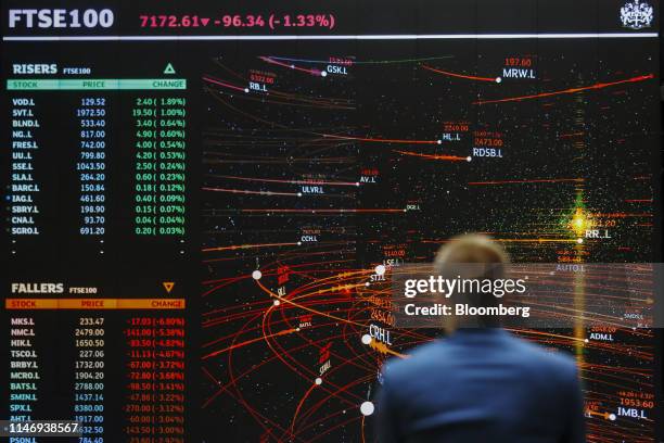 An employee views a FTSE share index board in the atrium of the London Stock Exchange Group Plc's offices in London, U.K., on Wednesday, May 29,...