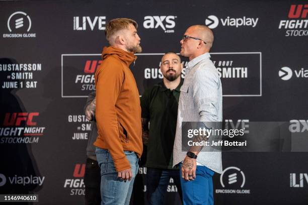 Alexander Gustafsson of Sweden and Anthony Smith face off for the media during the UFC Fight Night Ultimate Media Day at Ericsson Globe Arena on May...