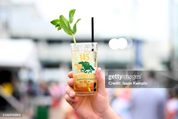 Mint julep cocktail seen at the 145th Kentucky Derby at Churchill Downs on May 04, 2019 in Louisville, Kentucky.