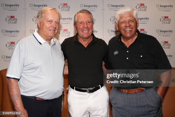 Jack Nicklaus, Gary Player and Lee Trevino pose together before playing in the '3M Greats of Golf' at the Insperity Invitational at The Woodlands...