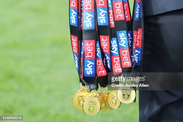 Skybet championship medals during the Sky Bet League Two match between Lincoln City and Colchester United at Sincil Bank Stadium on May 04, 2019 in...