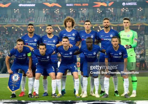 Chelsea pose for a team group before the UEFA Europa League Final between Chelsea and Arsenal at the Baku Olympic Stadium on May 29, 2019 in Baku,...