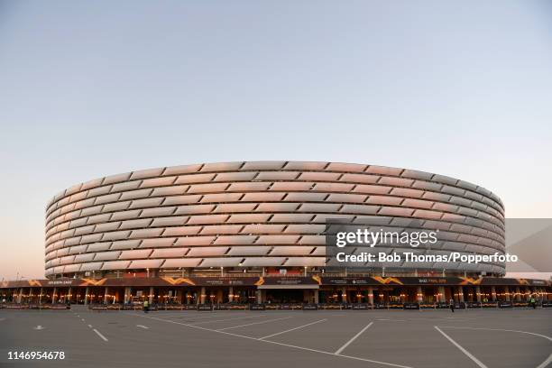 The outside of the stadium at dusk before the UEFA Europa League Final between Chelsea and Arsenal at the Baku Olympic Stadium on May 29, 2019 in...