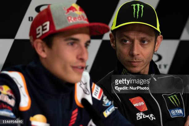 Valentino Rossi of Monster Energy Yamaha MotoGP and Marc Marquez of Repsol Honda Team during the presentation press conference of the Oakley Grand...