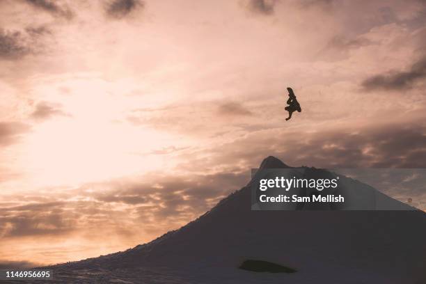 British Olympian and professional snowboarder Dom Harington snowboarding on the 20th June 2015 in Riksgransen in Sweden. Riksgransen is a ski-resort...
