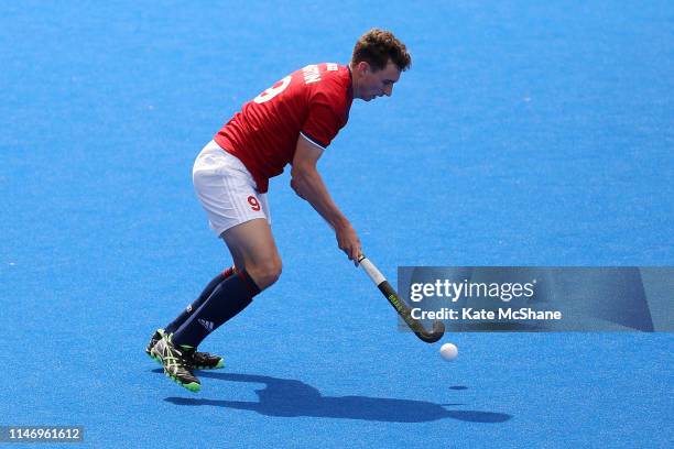 Harry Martin of Great Britain controls the ball during the Men's FIH Field Hockey Pro League match between Great Britain and Spain at Lee Valley...