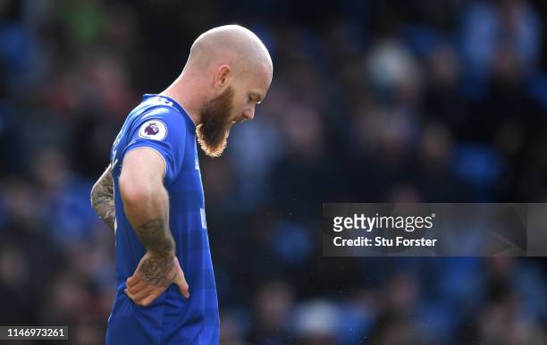 Cardiff player Aron Gunnarsson reacts during the Premier League match between Cardiff City and Crystal Palace at Cardiff City Stadium on May 04, 2019...