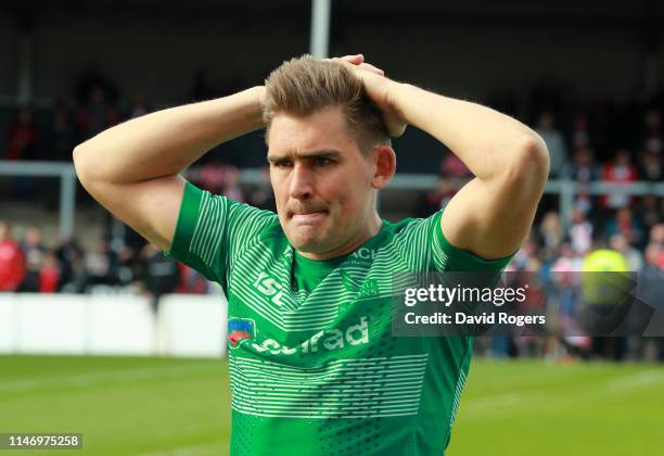 Toby Flood, the Newcastle Falcons captain, looks dejected after Newcastle are defeated and relegated during the Gallagher Premiership Rugby match...