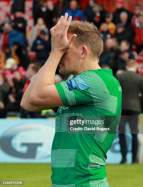 Toby Flood, the Newcastle Falcons captain, looks dejected after Newcastle are defeated and relegated during the Gallagher Premiership Rugby match...