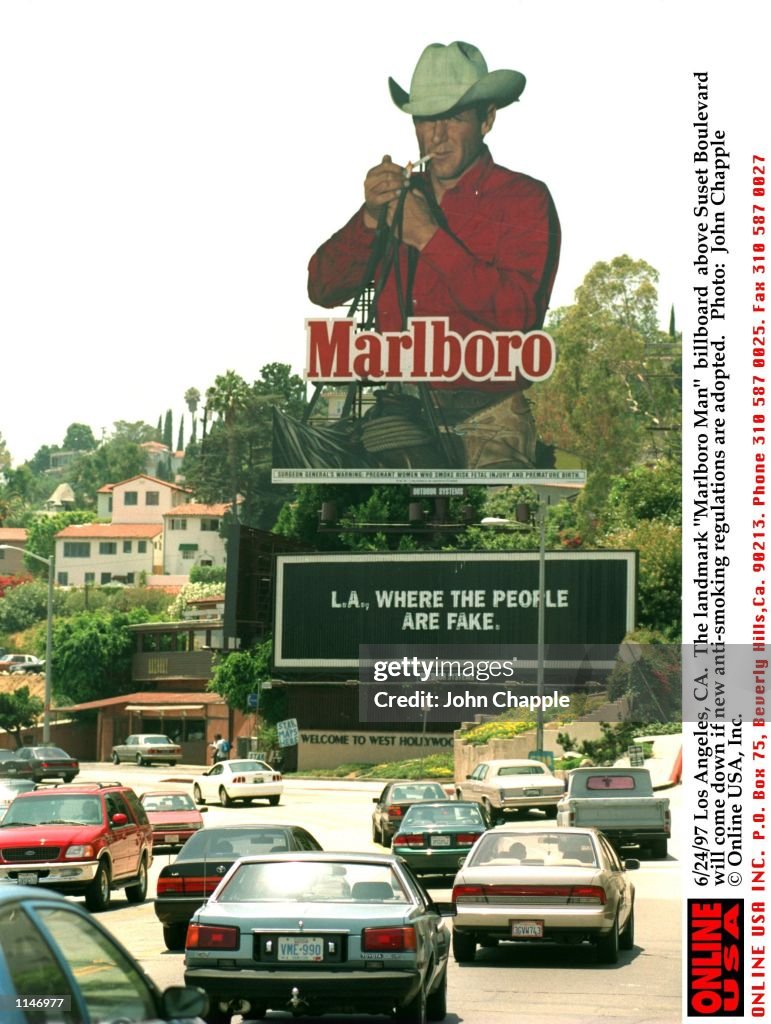 6/24/97 Los Angeles, CA. The landmark "Marlboro Man" billboard above Sunset Boulevard will come down