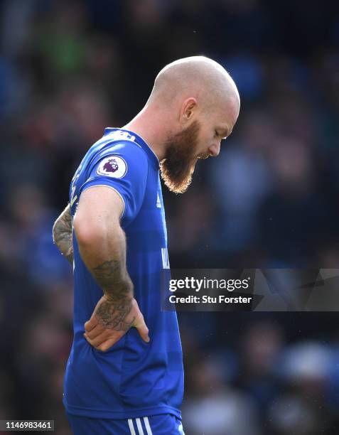 Cardiff player Aron Gunnarsson reacts during the Premier League match between Cardiff City and Crystal Palace at Cardiff City Stadium on May 04, 2019...