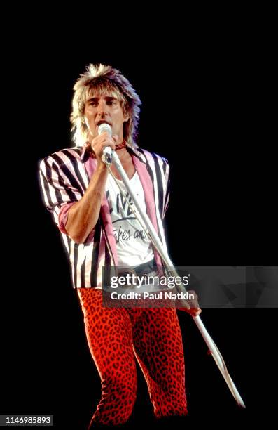 English Rock singer Rod Stewart performs onstage at the Rosemont Horizon, Rosemont, Illinois, January 12, 1982.