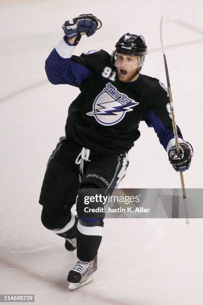 Steven Stamkos of the Tampa Bay Lightning celebrates his third period goal against the Boston Bruins in Game Six of the Eastern Conference Finals...