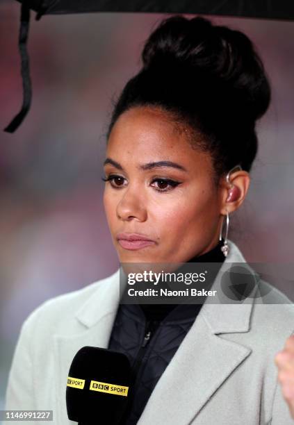 Presenter and ex Arsenal Ladies player Alex Scott is seen during the Women's FA Cup Final match between Manchester City Women and West Ham United...