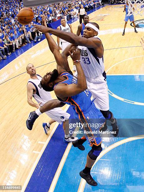 James Harden of the Oklahoma City Thunder goes up for a shot against Brendan Haywood of the Dallas Mavericks in the first half in Game Five of the...