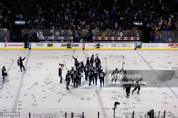 The Tampa Bay Lightning celebrate their 5 to 4 win over the Boston Bruins in Game Six of the Eastern Conference Finals against the Boston Bruins...