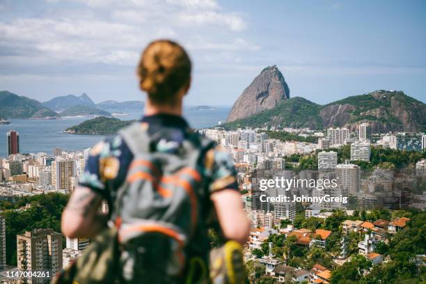 rear view van backpacker kijken naar sugarloaf mountain - sabbatical stockfoto's en -beelden
