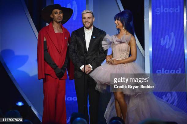 Kalen Allen, Gus Kenworthy, and Nikita Dragun speak onstage during the 30th Annual GLAAD Media Awards New York at New York Hilton Midtown on May 04,...
