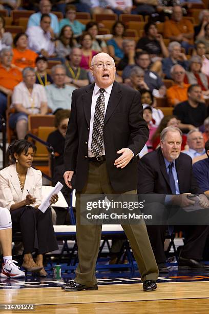 Connecticut Suns Head Coach Mike Thibault coaches his team against the San Antonio Silver Stars at the Mohegan Sun Arena on May 25, 2011 in...