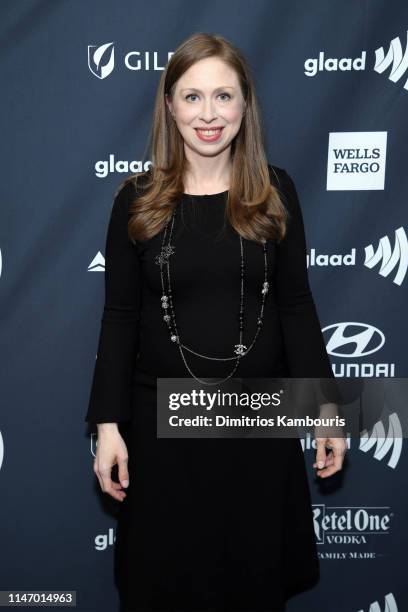 Chelsea Clinton poses backstage during the 30th Annual GLAAD Media Awards New York at New York Hilton Midtown on May 04, 2019 in New York City.