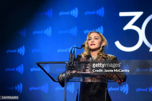 Madonna speaks onstage during the 30th Annual GLAAD Media Awards New York at New York Hilton Midtown on May 04, 2019 in New York City.