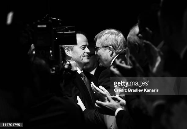 Labor Opposition Leader Bill Shorten greets former Prime Minister Kevin Rudd during the Labor Campaign Launch on May 05, 2019 in Brisbane, Australia....