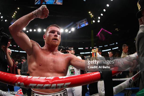 Canelo Alvarez celebrates after his unanimous decision win over Daniel Jacobs in their middleweight unification fight at T-Mobile Arena on May 04,...
