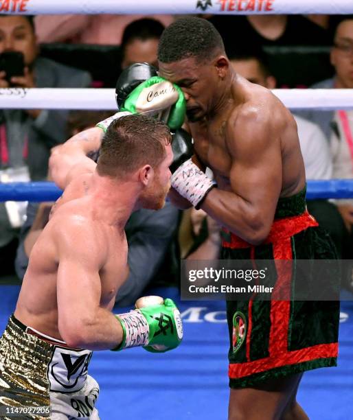 Canelo Alvarez hits Daniel Jacobs in the 12th round of their middleweight unification fight at T-Mobile Arena on May 4, 2019 in Las Vegas, Nevada....