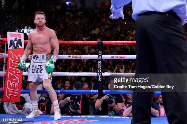 Canelo Alvarez stands in his corner against Daniel Jacobs during their middleweight unification fight at T-Mobile Arena on May 04, 2019 in Las Vegas,...