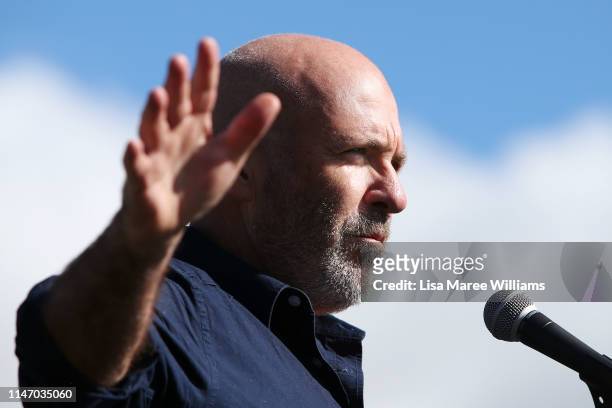 Australian author Richard Flanagan speaks during a stop-Adani rally outside Parliament House on May 05, 2019 in Canberra, Australia. The stop-Adani...