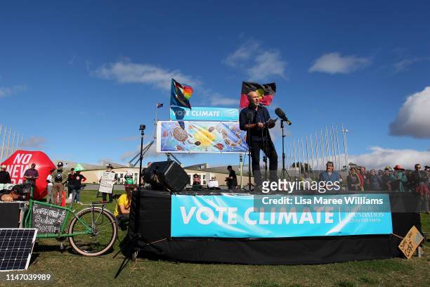 Australian author Richard Flanagan speaks during a stop-Adani rally outside Parliament House on May 05, 2019 in Canberra, Australia. The stop-Adani...