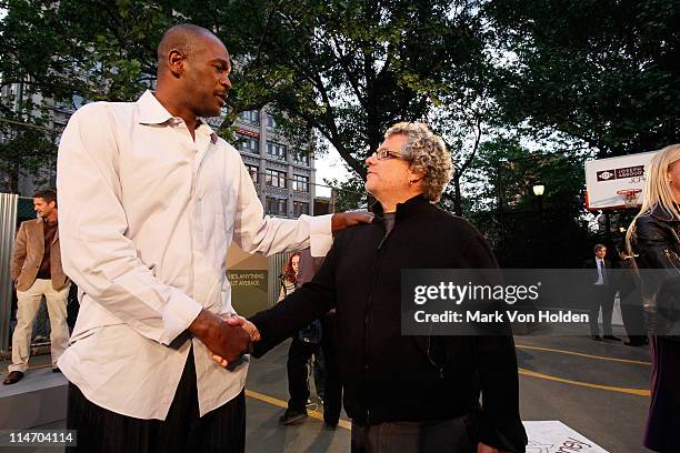 Head Coach New York Knicks, Herb Williams shakes hands with CEO of JA Apparel Corp. Marty Staff at the fall 2009 collection preview for JOE Joseph...