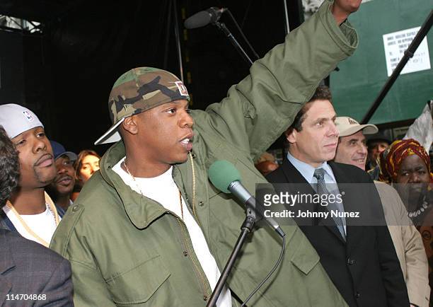 Memphis Bleek, Jay-Z and Andrew Cuomo during The New York City Hip Hop Summit - Rally for the Repeal of the Rockefeller Drug Laws at City Hall in New...