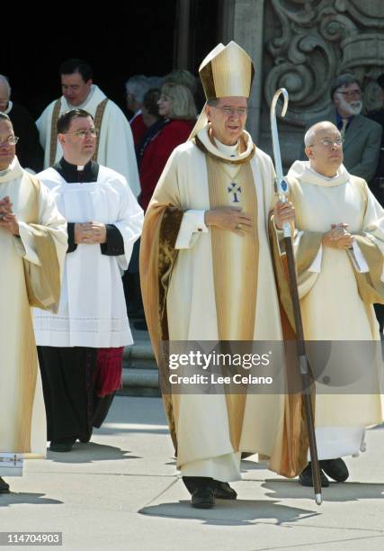 Los Angeles Archbishop Cardinal Roger Mahony departs a memorial service for Bob Hope at St. Charles Borromeo Catholic Church in the North Hollywood...