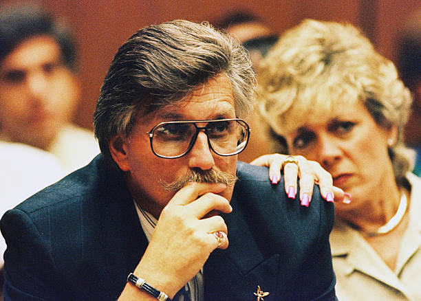 Fred Goldman, father of Ronald Goldman, and wife Patty listen to testimony during a preliminary hearing following the murders of Ronald and O.J....
