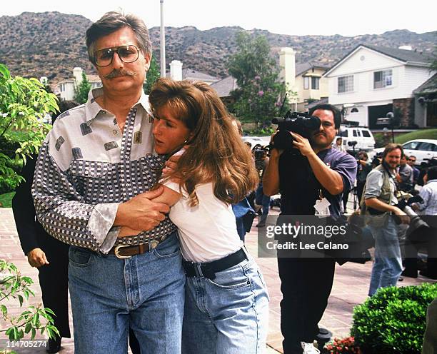 Fred and Kim Goldman, father and sister of Ronald Goldman, appear in front of the media June 15, 1994 at their home in Agoura Hills, CA, following...