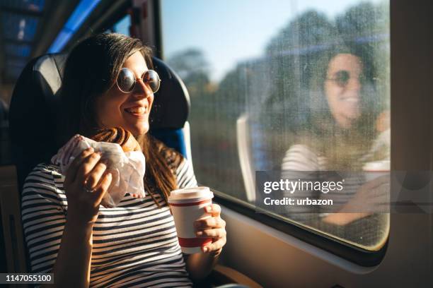 blick durch fenster auf eine zugfahrt - zwischenmahlzeit stock-fotos und bilder