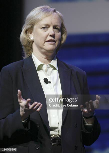 Meg Whitman, CEO of eBay, speaks during the opening keynote address by Craig Barrett, CEO of Intel Corp., at the 2005 International Consumer...