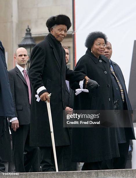 Nelson Mandela and Graca Machel on stage at the Make Poverty History rally at Trafalgar Square in London. Make Poverty History is a coalition of over...