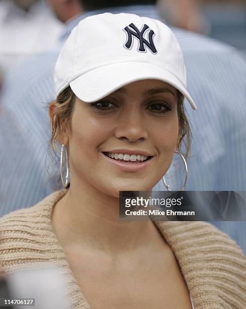 Actress Jennifer Lopez attends a subway series game between the New York Mets and the New York Yankees at Shea Stadium in Queens, New York on...